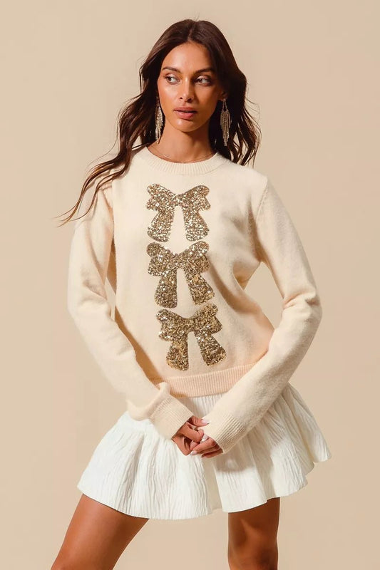 Cream Sequins Embellished Holiday Sweater - KAM Family Botanics
