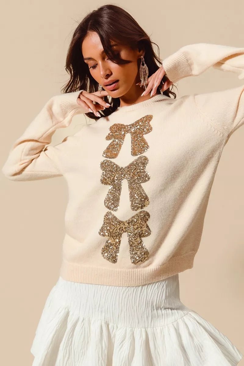 Cream Sequins Embellished Holiday Sweater - KAM Family Botanics