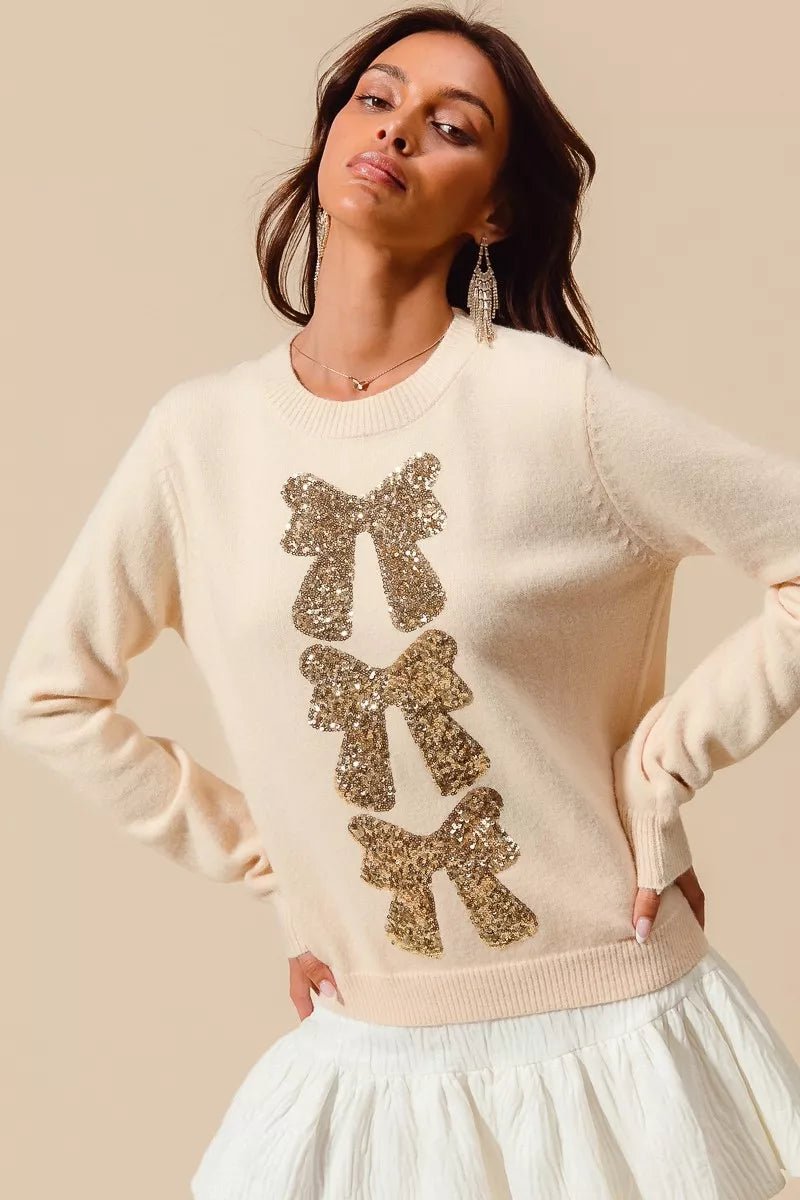 Cream Sequins Embellished Holiday Sweater - KAM Family Botanics