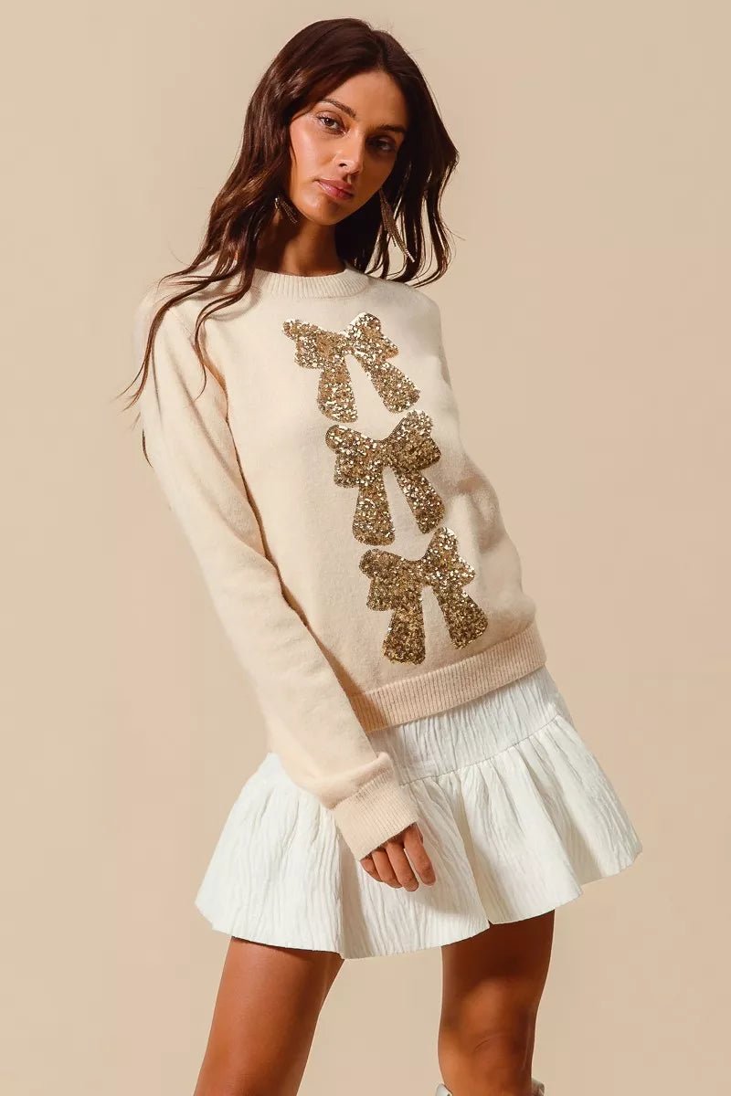 Cream Sequins Embellished Holiday Sweater - KAM Family Botanics