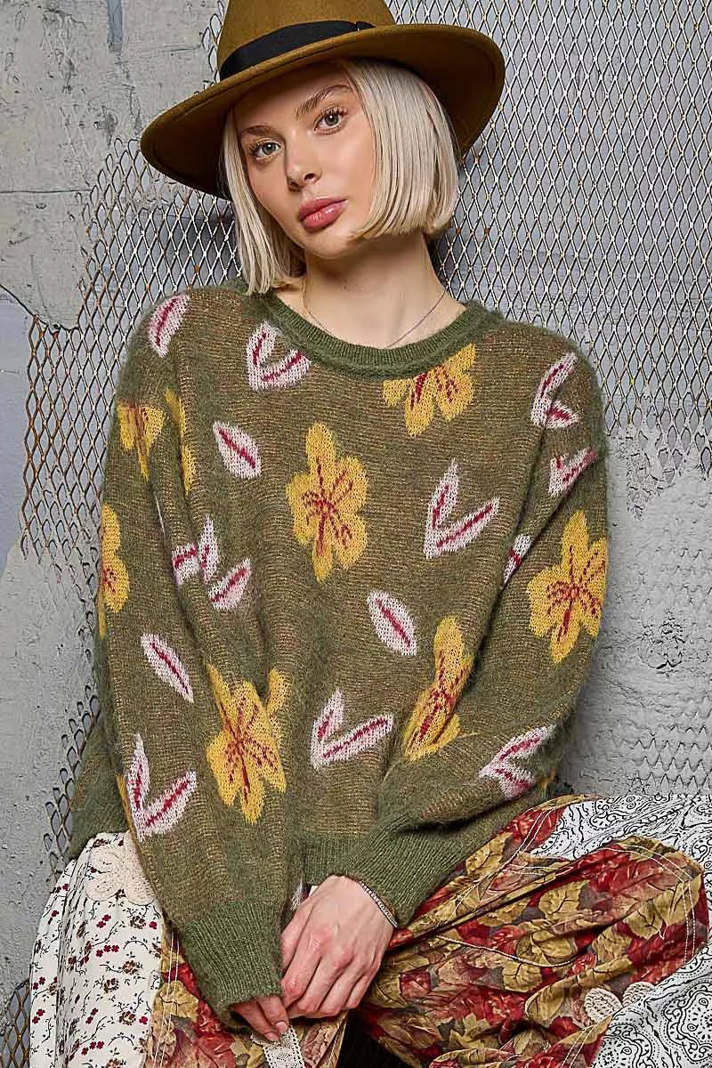 Earthy Floral Pattern Round Neck Balloon Sleeve Sweater - KAM Family Botanics