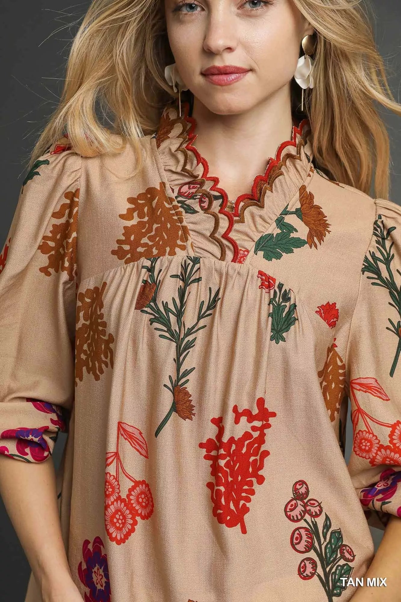 Floral Blouse with Scalloped Neckline - KAM Family Botanics