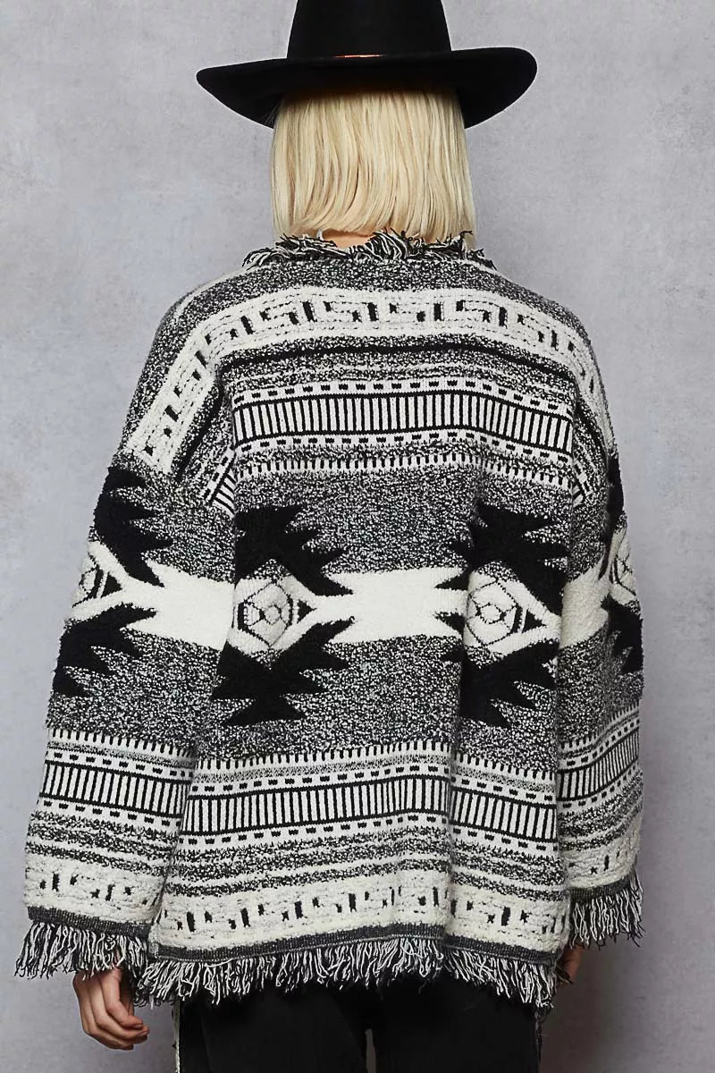 Geometric Pattern Open Cardigan with Fringe Trim - KAM Family Botanics