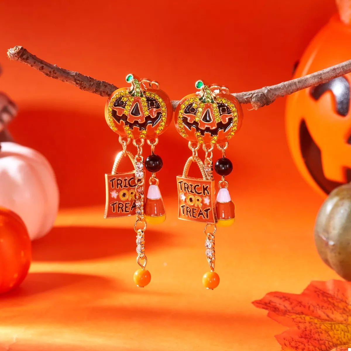 Halloween Rhinestone Pumpkin Drop Earrings - KAM Family Botanics