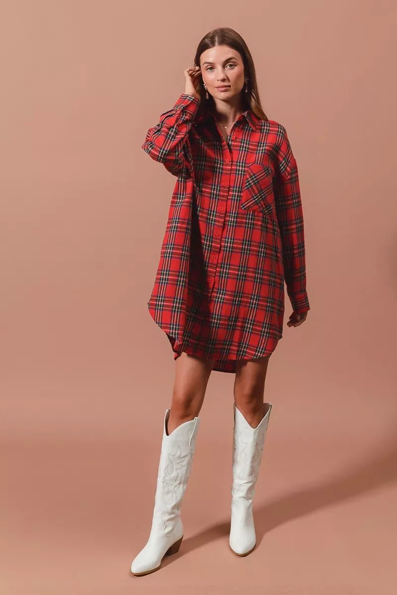 Holiday Checker Plaid Button Up Shirt Dress - KAM Family Botanics
