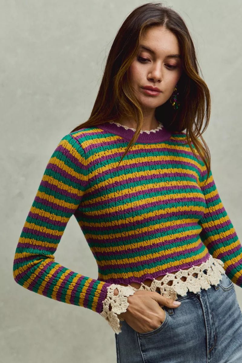 Mardi Gras Striped Cropped Knit Top with Crochet Edge - KAM Family Botanics