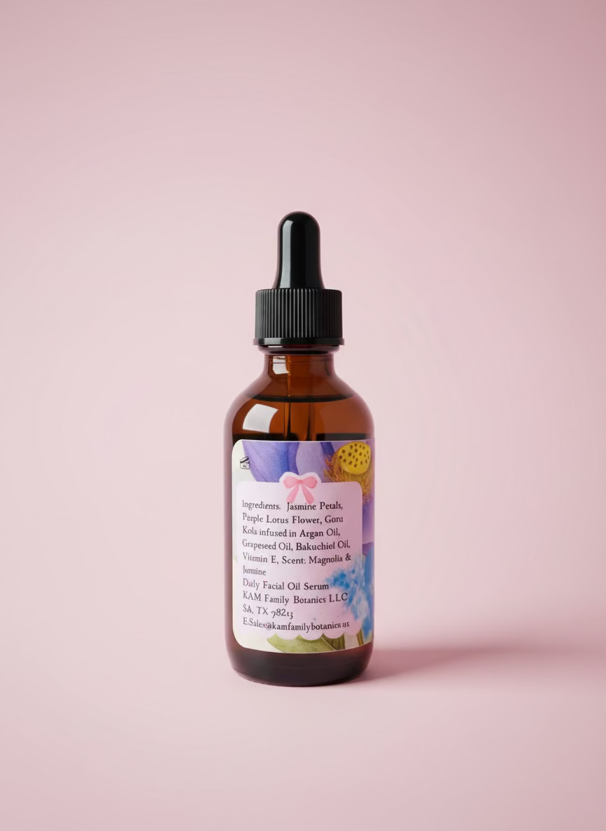 Amber glass dropper bottle of Golden Era Lotus Essence Oil with floral label on pink background