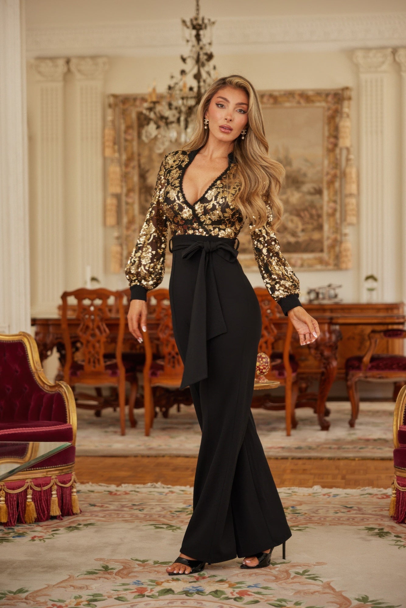 Bold Flower Vein Sequin Print Jumpsuit - KAM Family Botanics