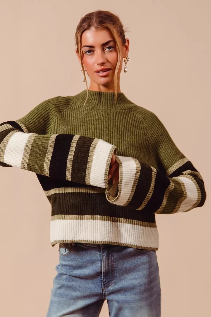 Chic Multi Color Striped Mock Neck Sweater - KAM Family Botanics