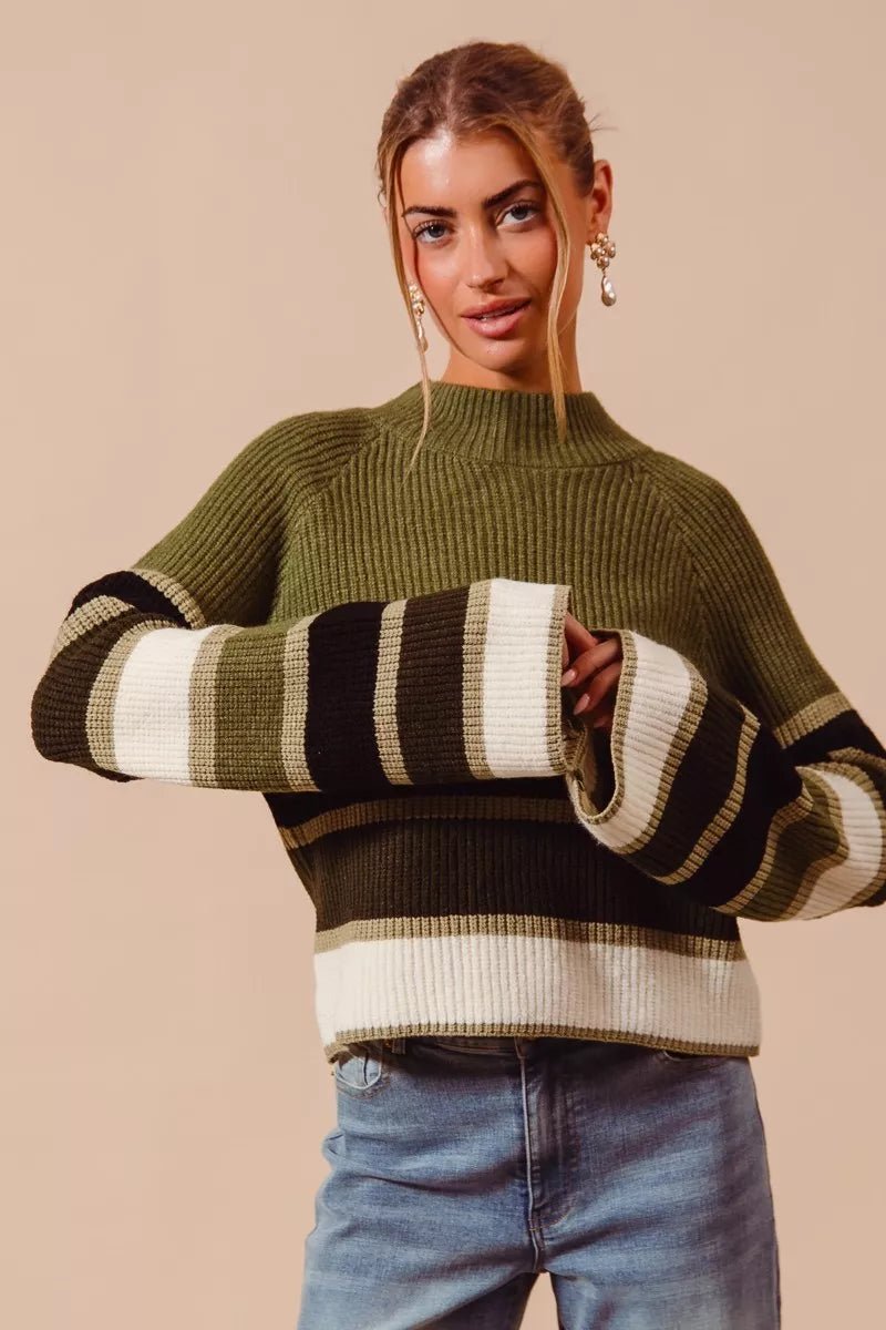 Chic Multi Color Striped Mock Neck Sweater - KAM Family Botanics