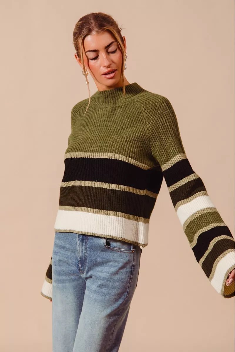 Chic Multi Color Striped Mock Neck Sweater - KAM Family Botanics