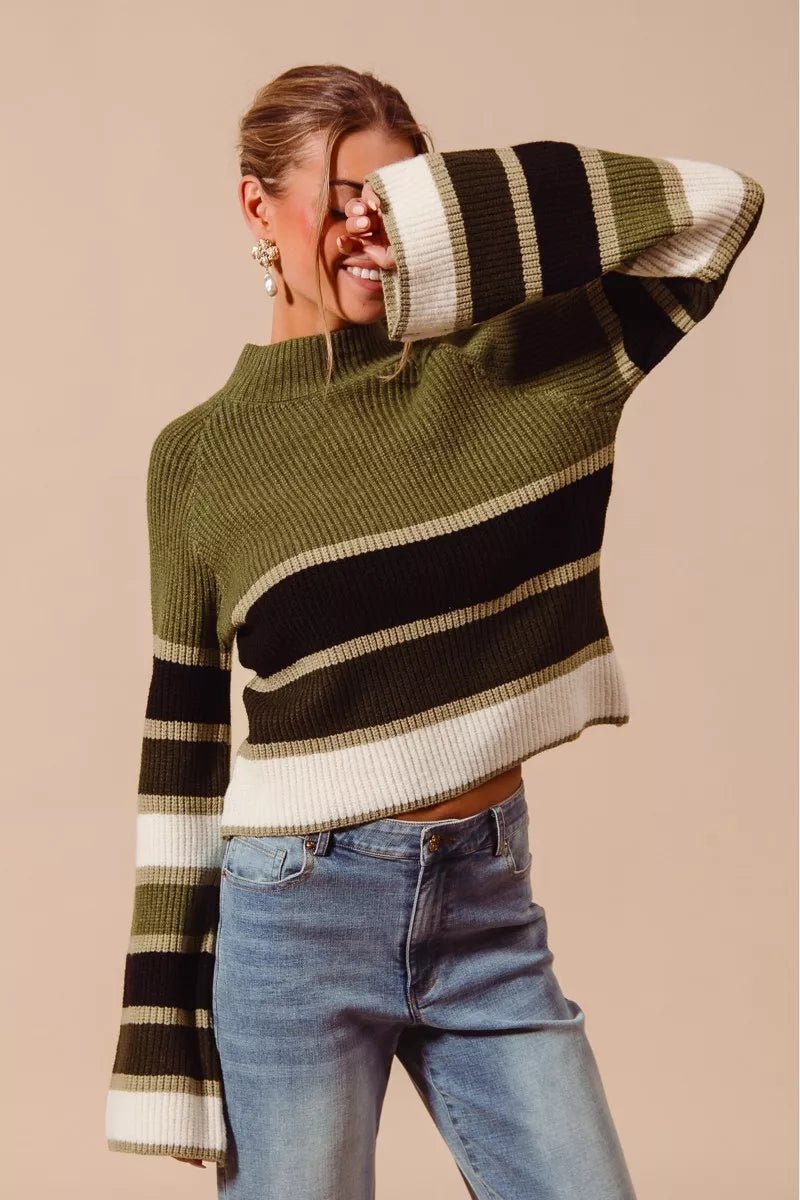 Chic Multi Color Striped Mock Neck Sweater - KAM Family Botanics
