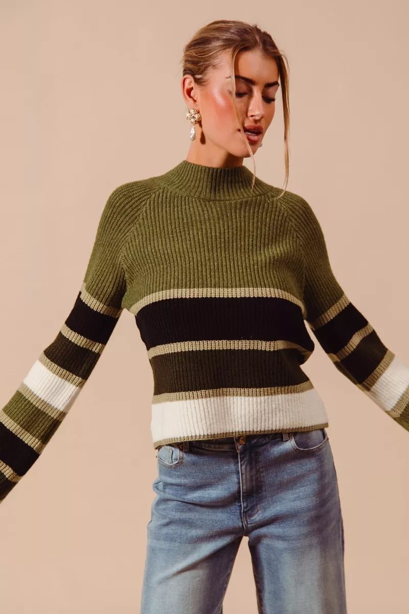 Chic Multi Color Striped Mock Neck Sweater - KAM Family Botanics