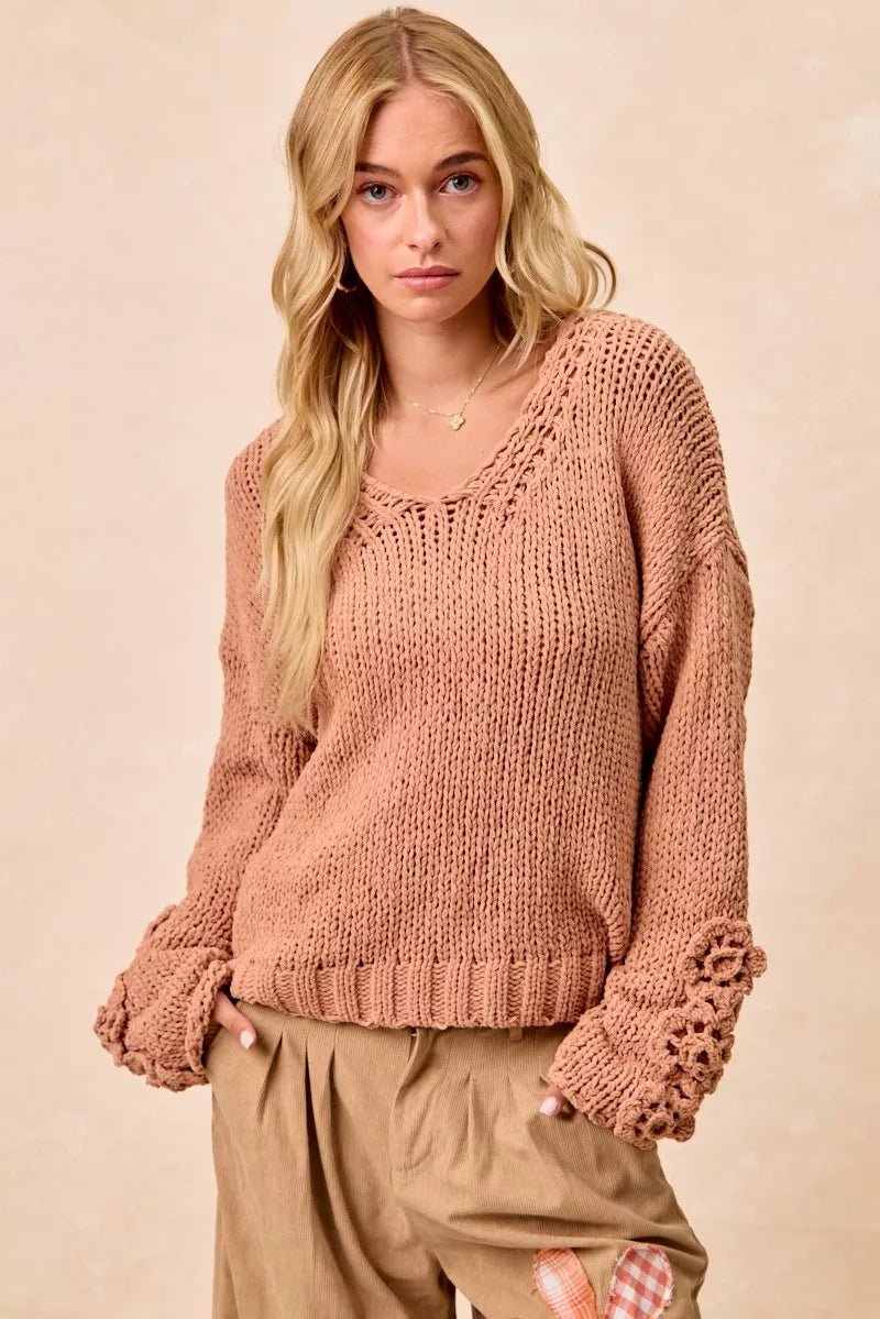 Cozy Big Chunky Knit Sweater with Flower Detail - KAM Family Botanics