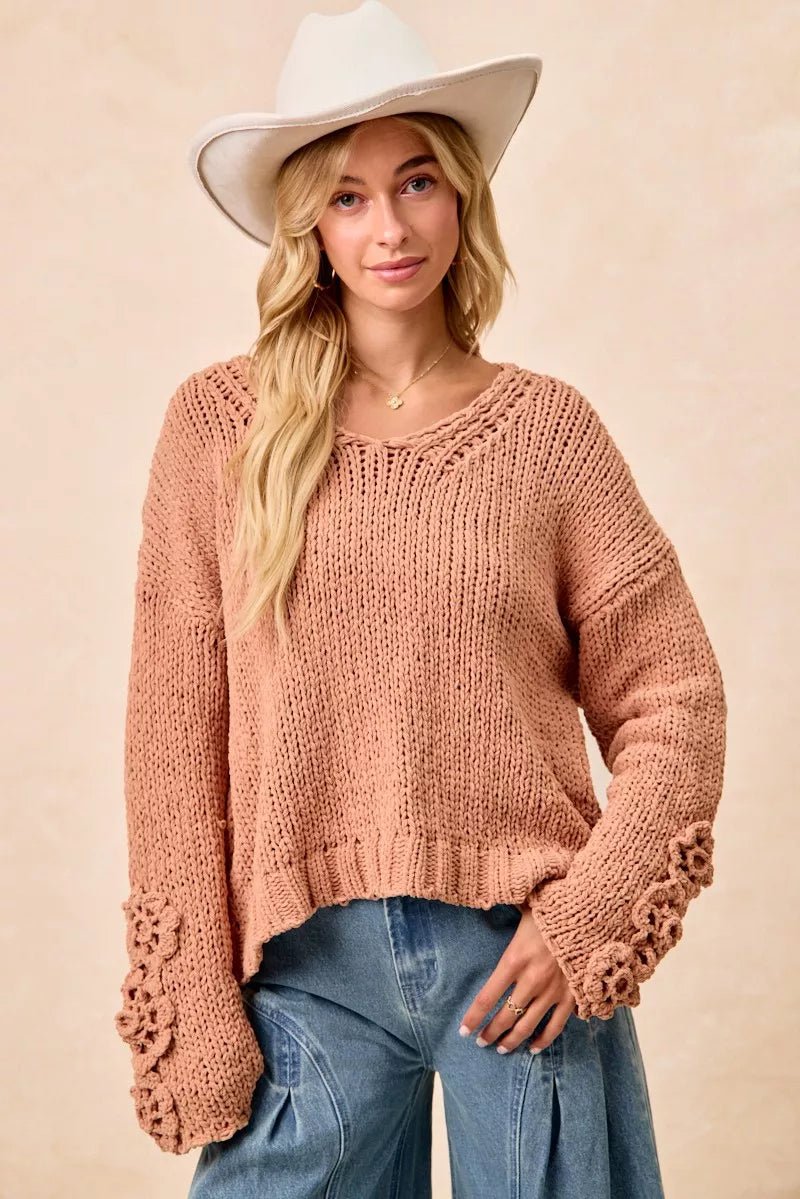 Cozy Big Chunky Knit Sweater with Flower Detail - KAM Family Botanics