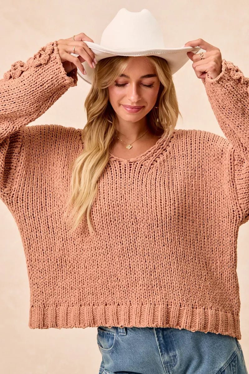 Cozy Big Chunky Knit Sweater with Flower Detail - KAM Family Botanics
