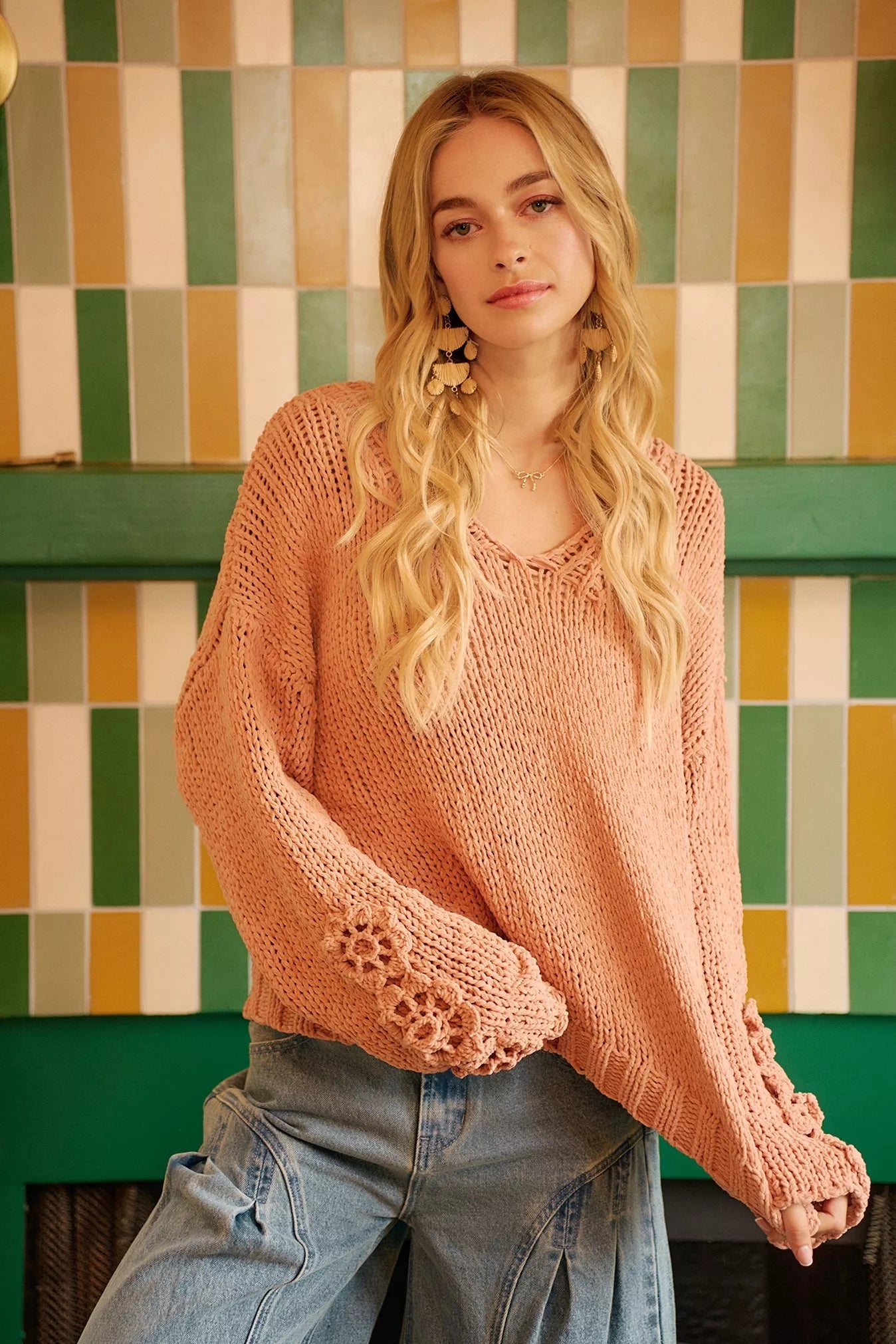 Cozy Big Chunky Knit Sweater with Flower Detail - KAM Family Botanics