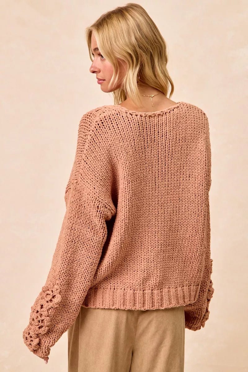 Cozy Big Chunky Knit Sweater with Flower Detail - KAM Family Botanics