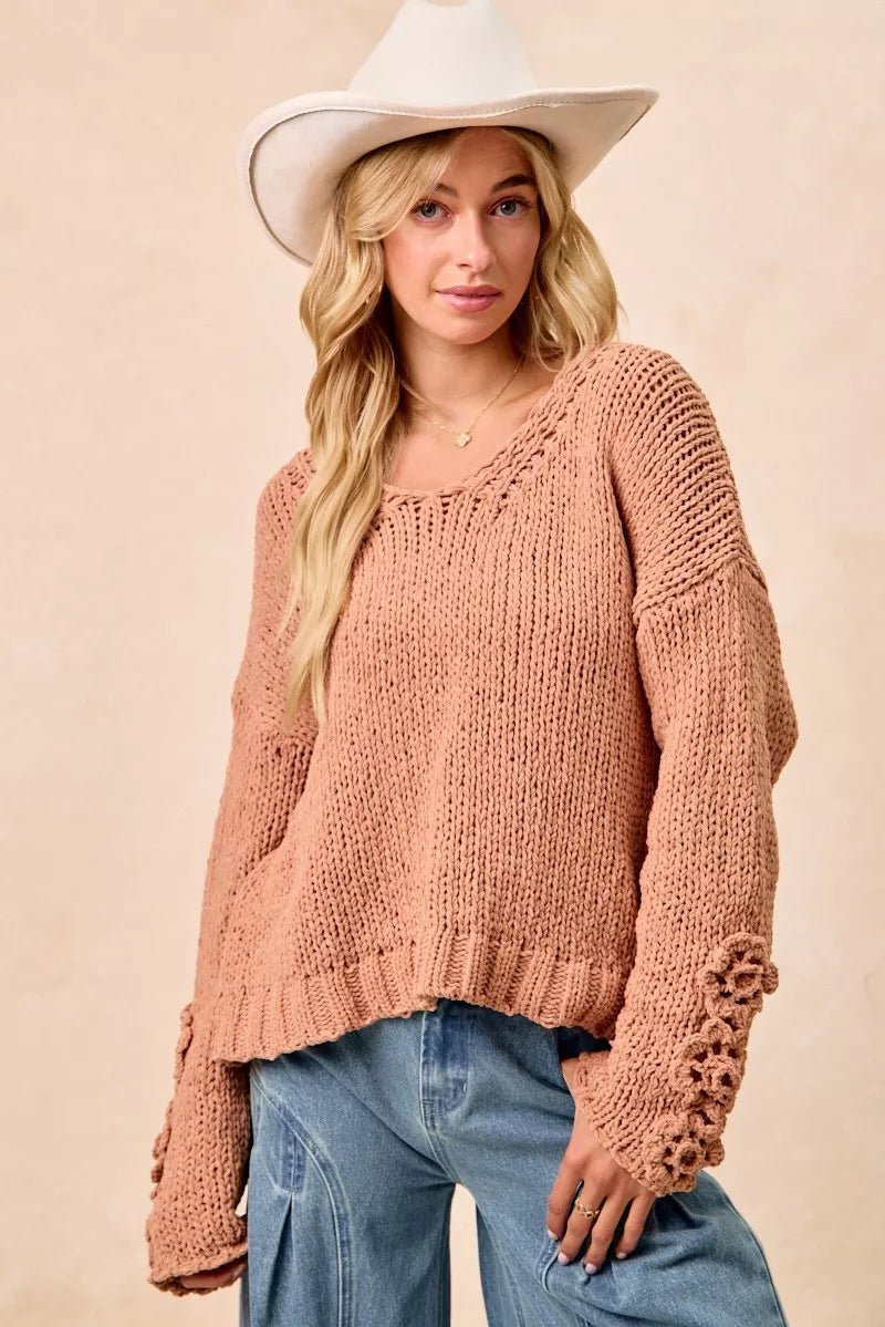 Cozy Big Chunky Knit Sweater with Flower Detail - KAM Family Botanics