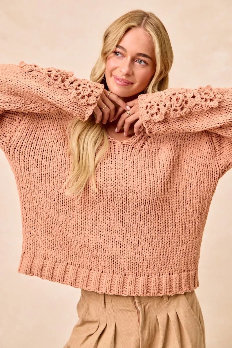 Cozy Big Chunky Knit Sweater with Flower Detail - KAM Family Botanics
