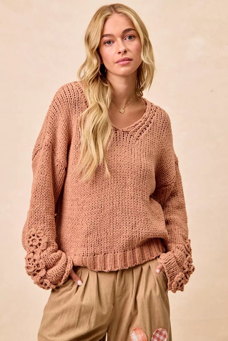 Cozy Big Chunky Knit Sweater with Flower Detail - KAM Family Botanics