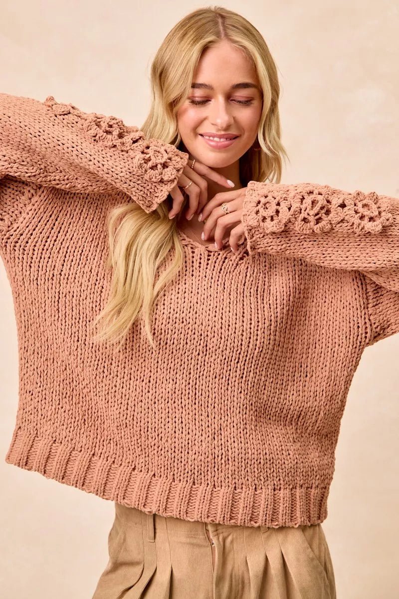 Cozy Big Chunky Knit Sweater with Flower Detail - KAM Family Botanics