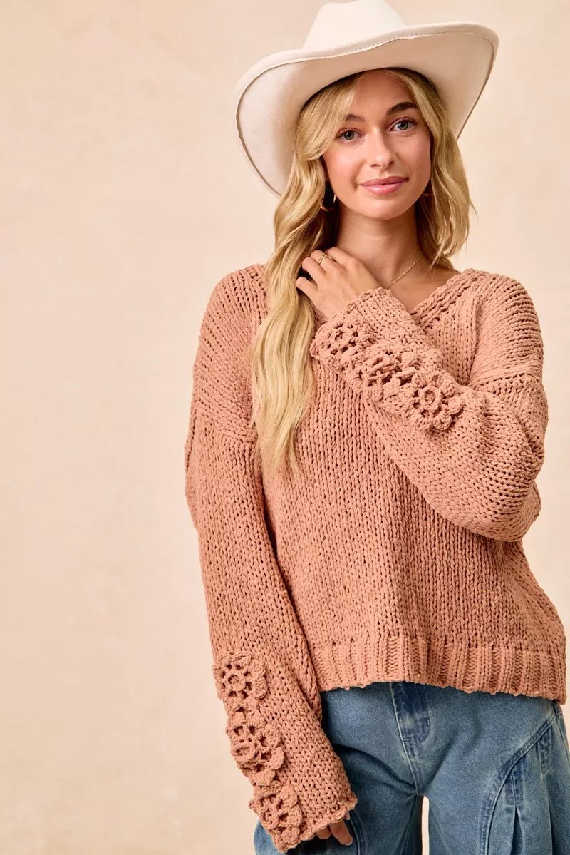 Cozy Big Chunky Knit Sweater with Flower Detail - KAM Family Botanics
