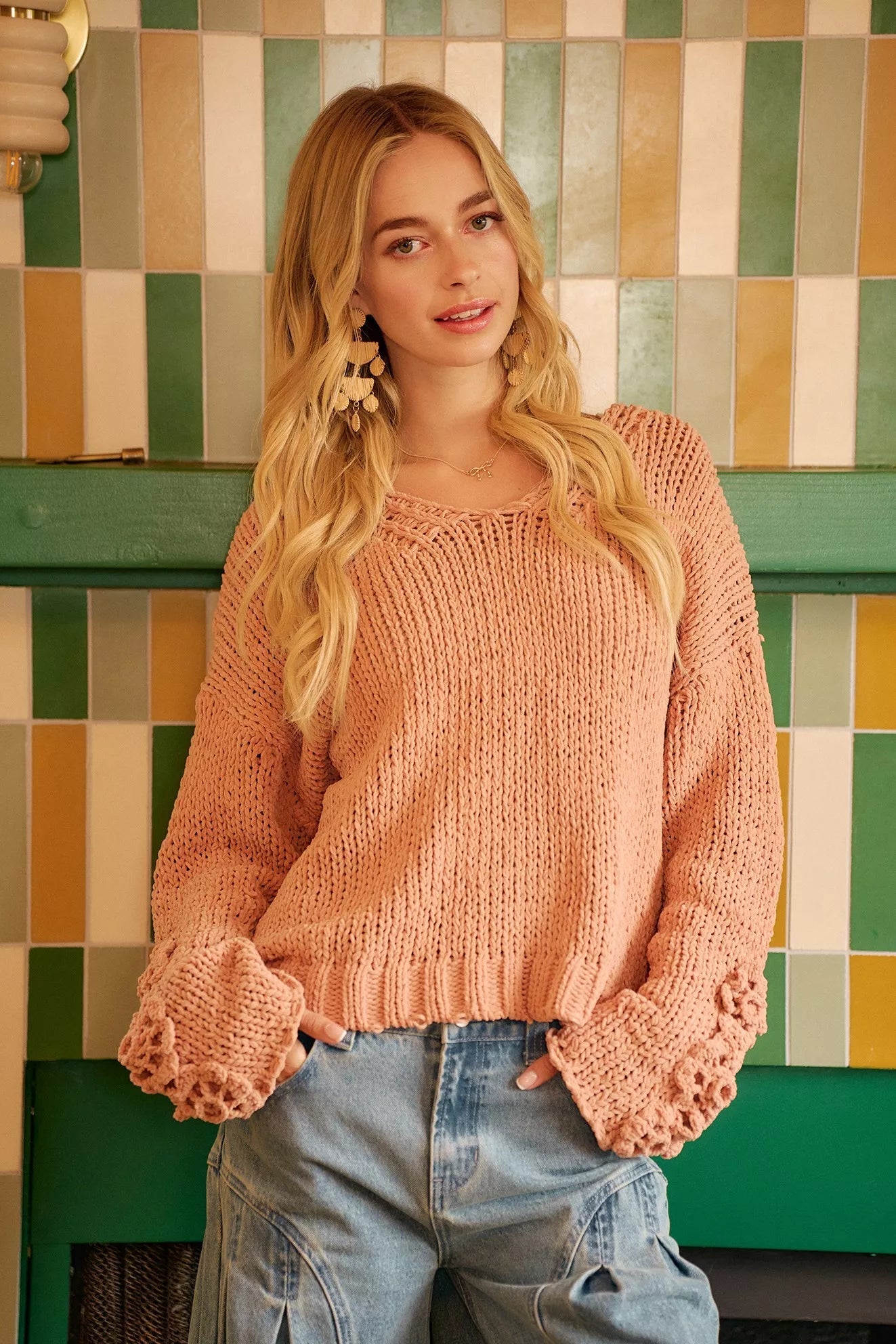 Cozy Big Chunky Knit Sweater with Flower Detail - KAM Family Botanics