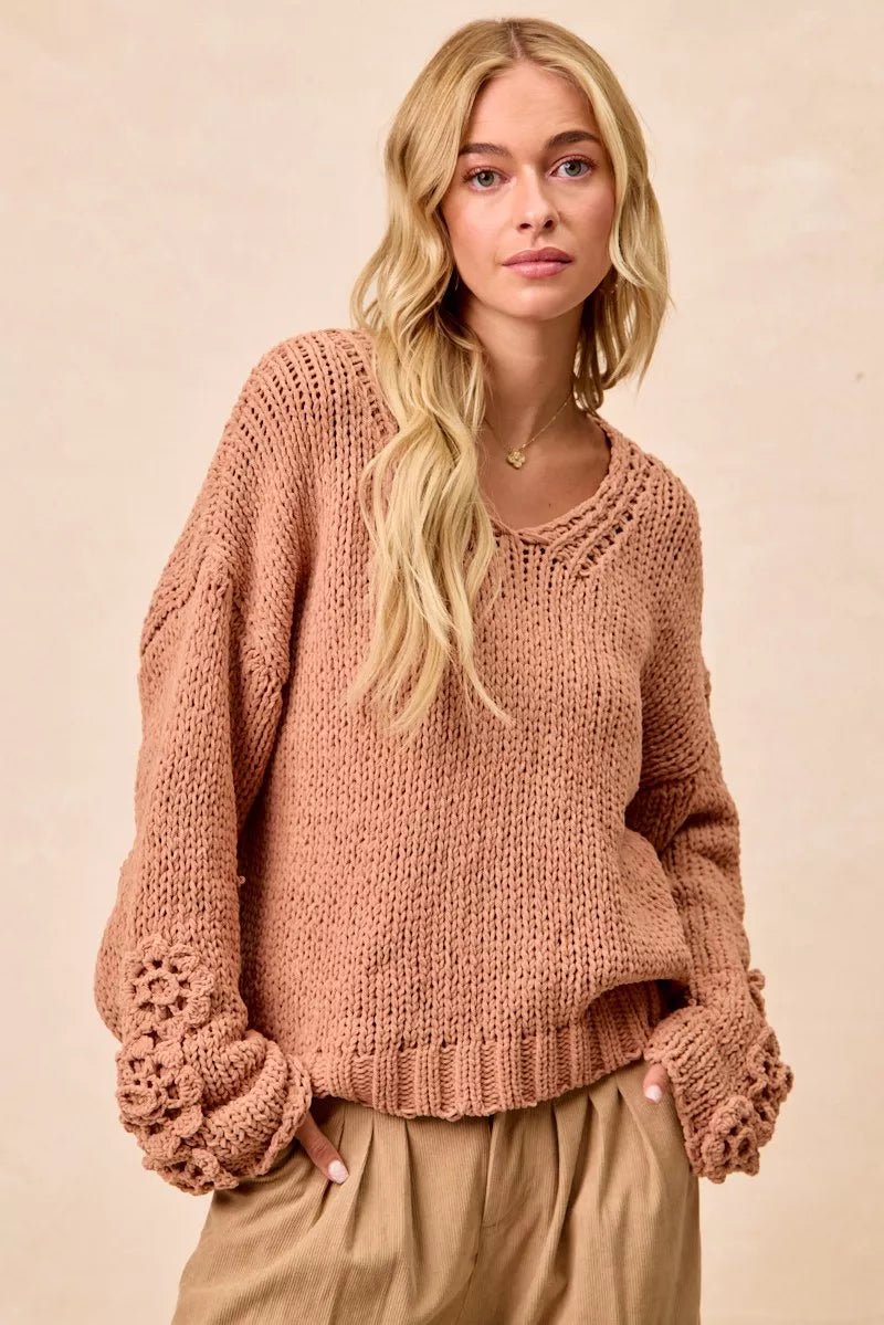 Cozy Big Chunky Knit Sweater with Flower Detail - KAM Family Botanics