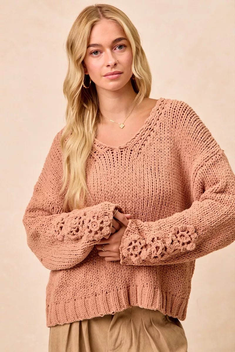 Cozy Big Chunky Knit Sweater with Flower Detail - KAM Family Botanics