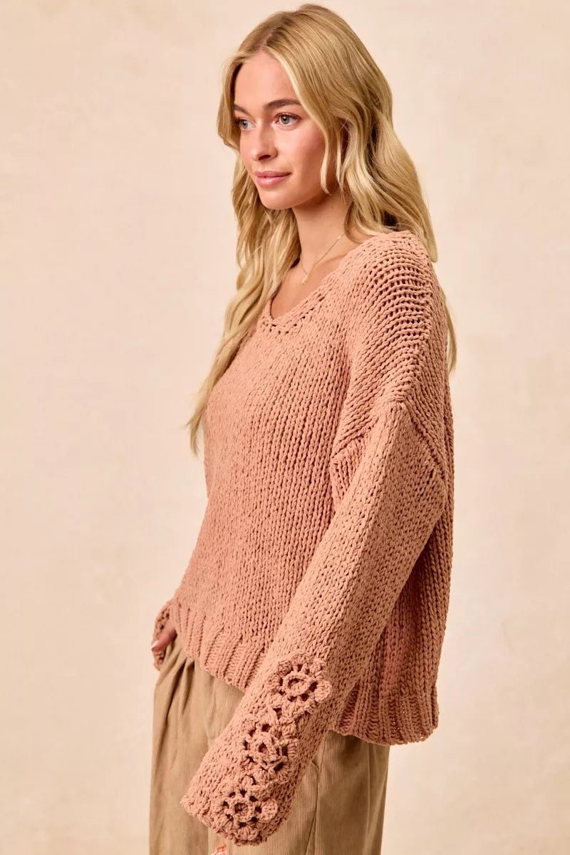 Cozy Big Chunky Knit Sweater with Flower Detail - KAM Family Botanics