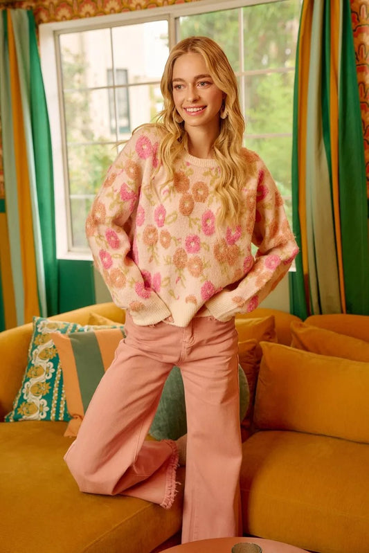 Cozy Texture Floral Sweater - KAM Family Botanics