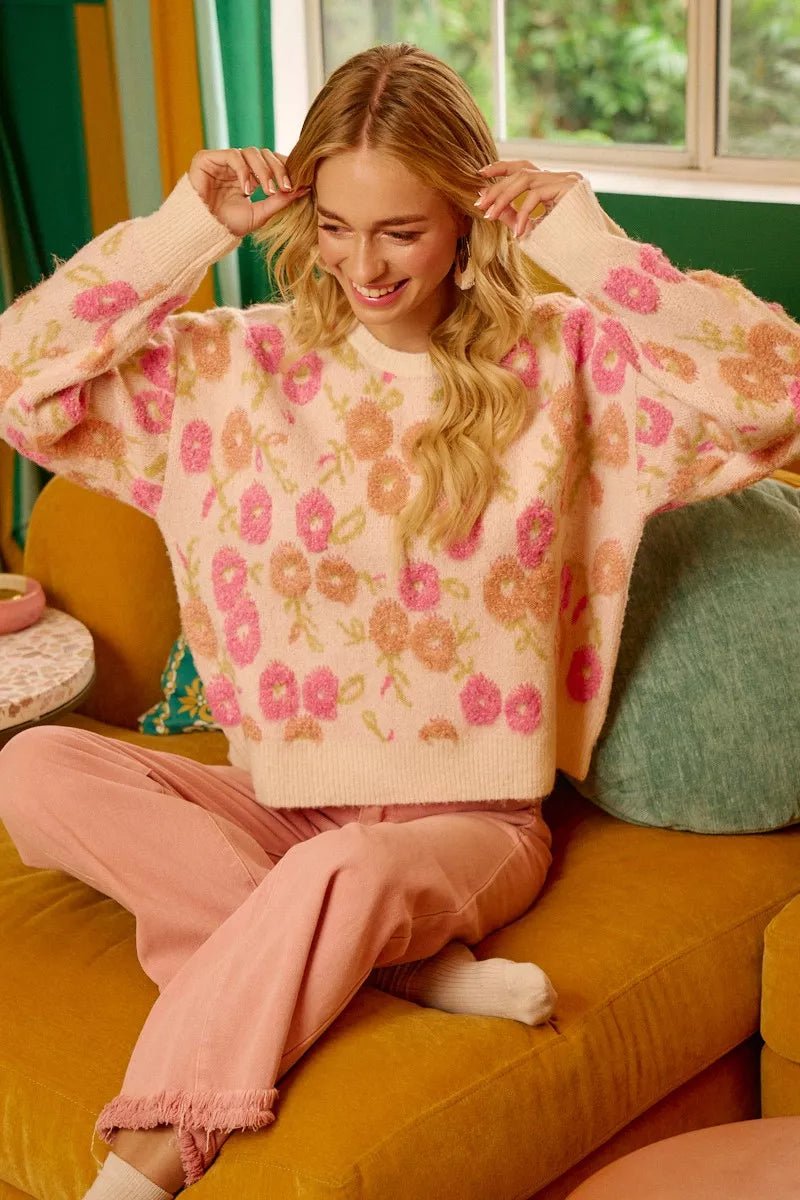 Cozy Texture Floral Sweater - KAM Family Botanics