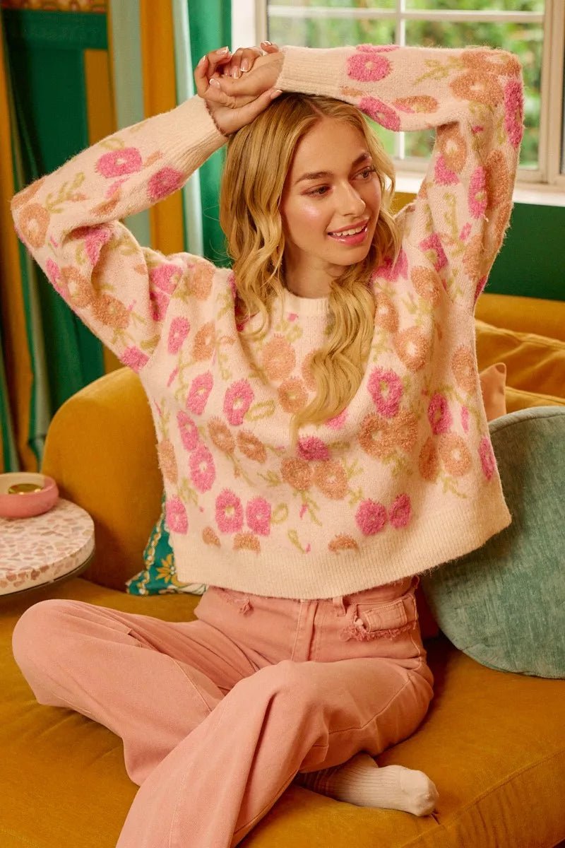 Cozy Texture Floral Sweater - KAM Family Botanics