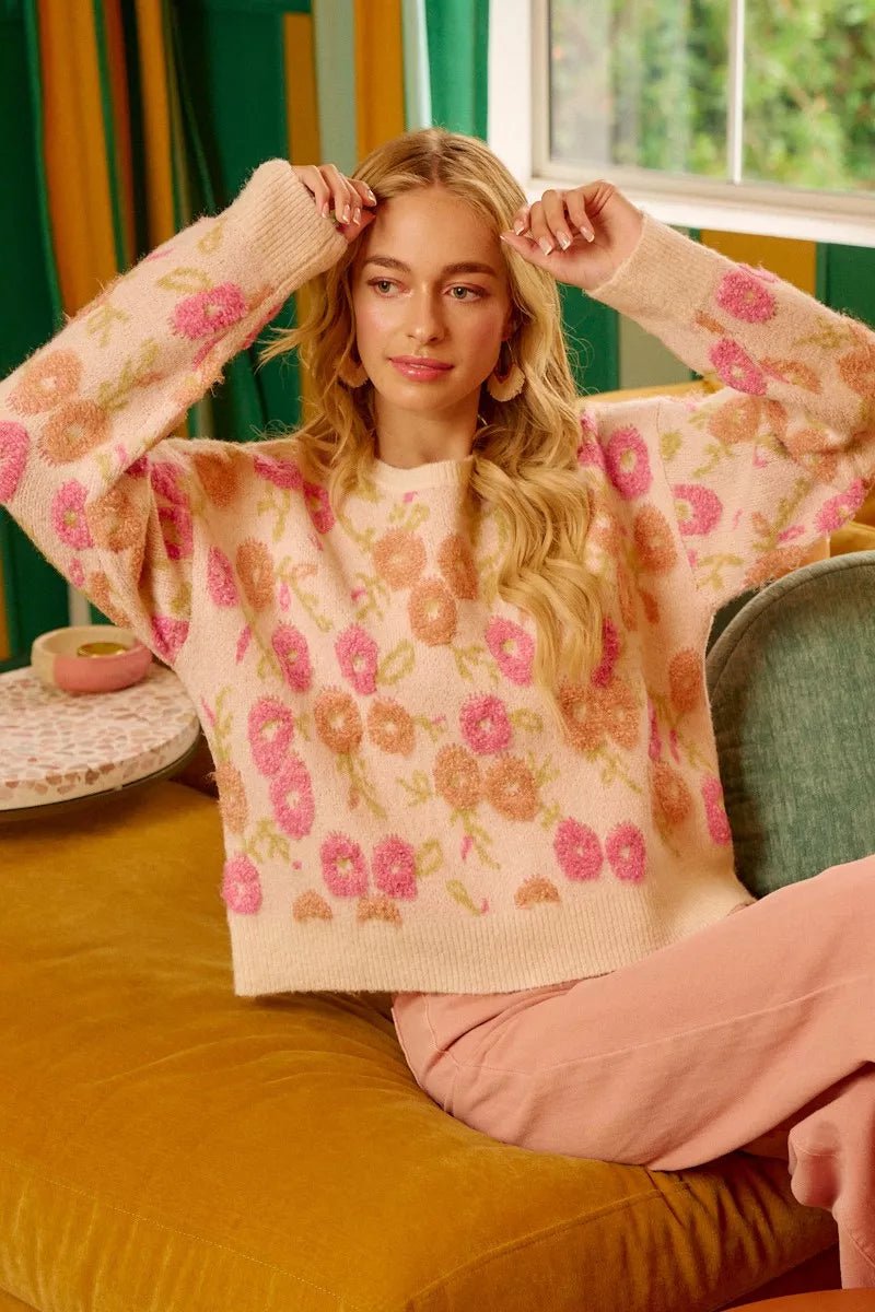 Cozy Texture Floral Sweater - KAM Family Botanics