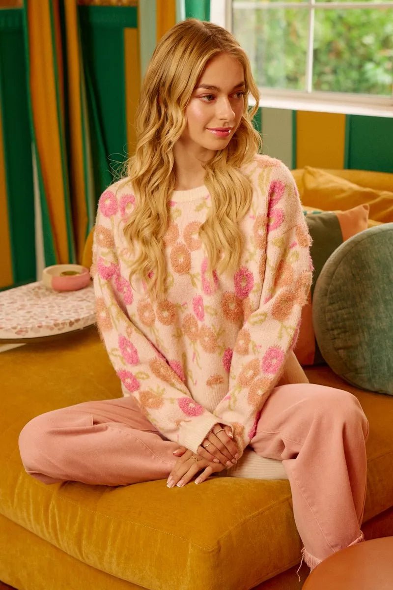 Cozy Texture Floral Sweater - KAM Family Botanics