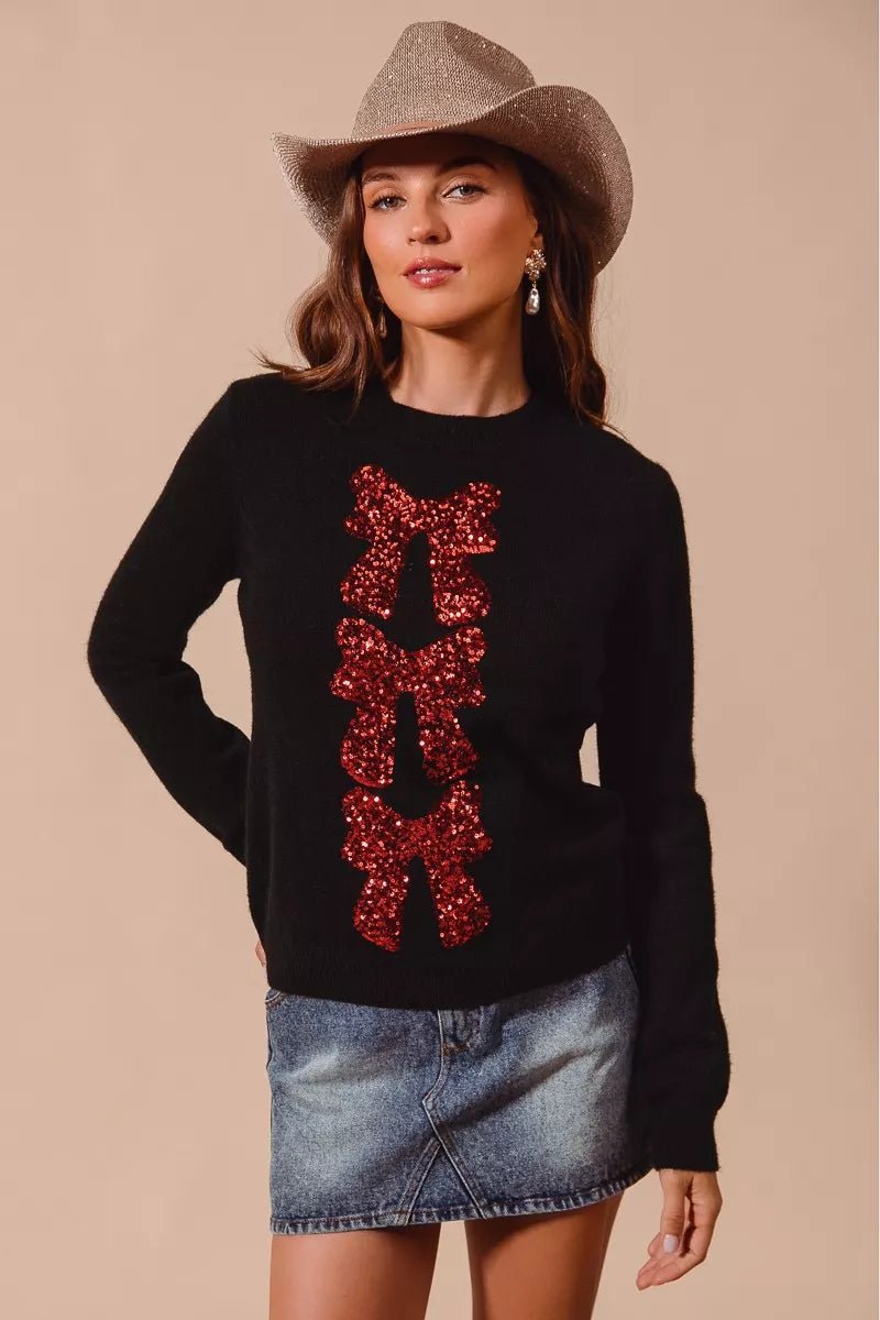 Dark Sequins Bow Ribbon Embellished Holiday Sweater - KAM Family Botanics