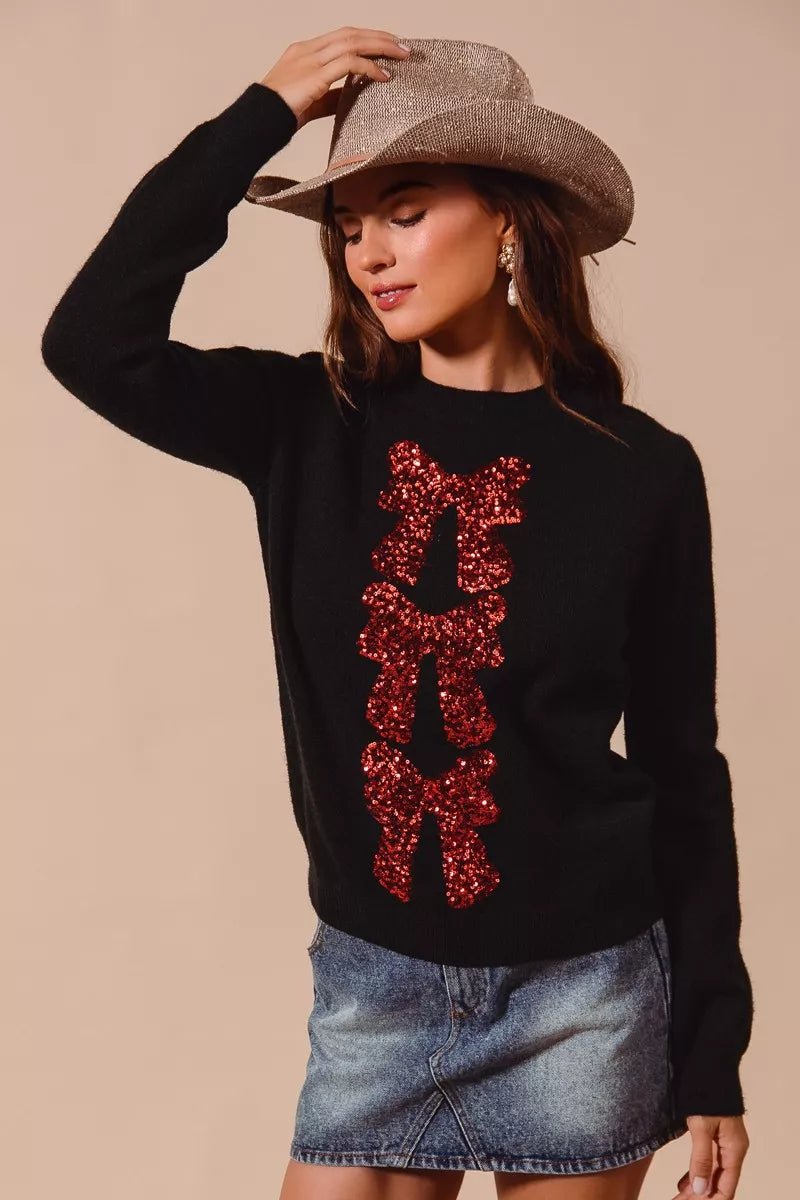 Dark Sequins Bow Ribbon Embellished Holiday Sweater - KAM Family Botanics