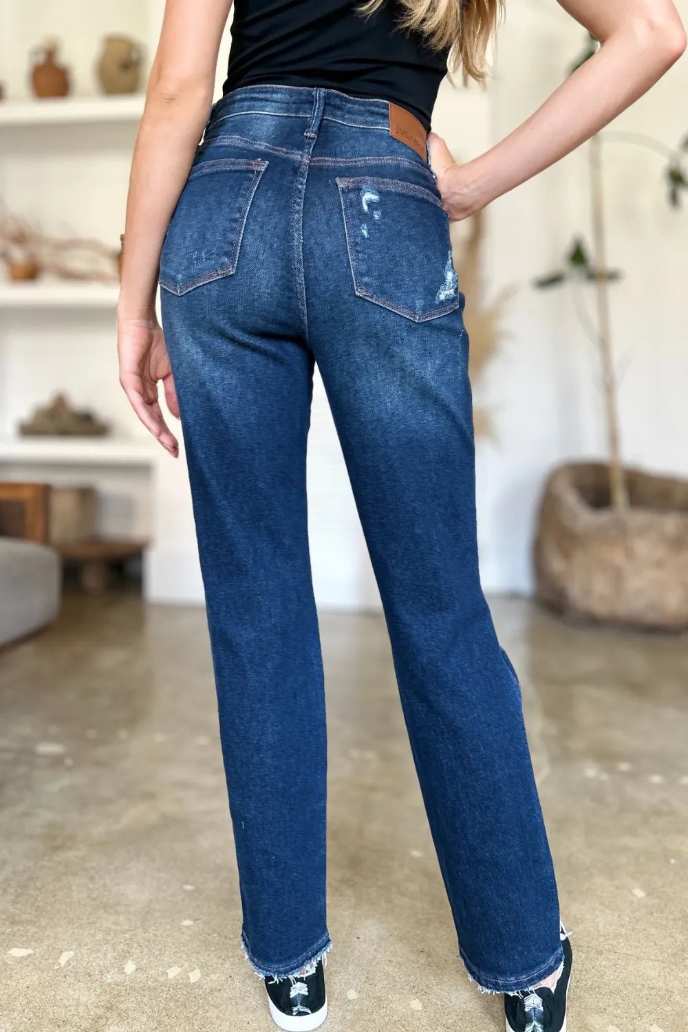Dark Wash Destroyed High Waist Straight Jeans - KAM Family Botanics