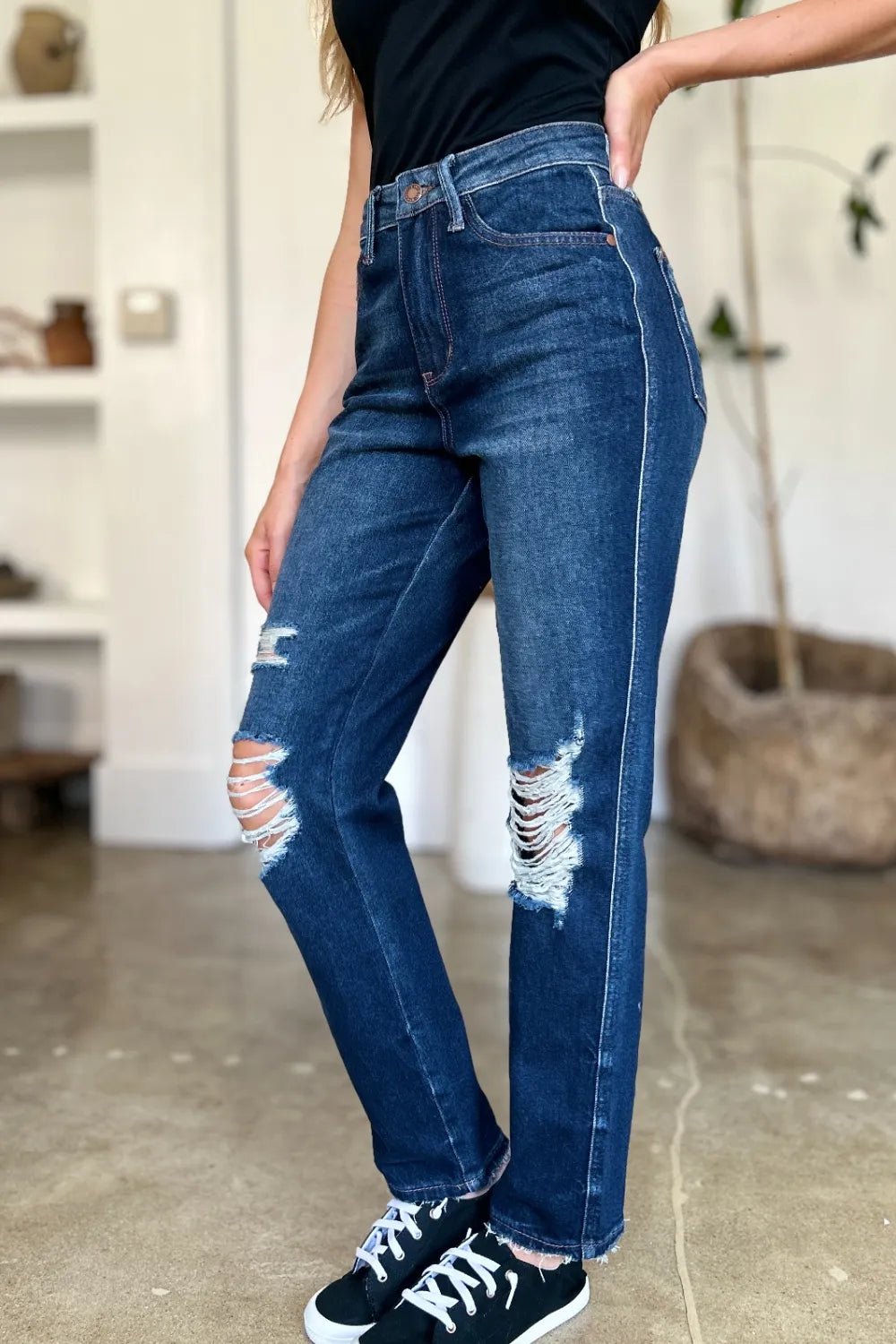 Dark Wash Destroyed High Waist Straight Jeans - KAM Family Botanics