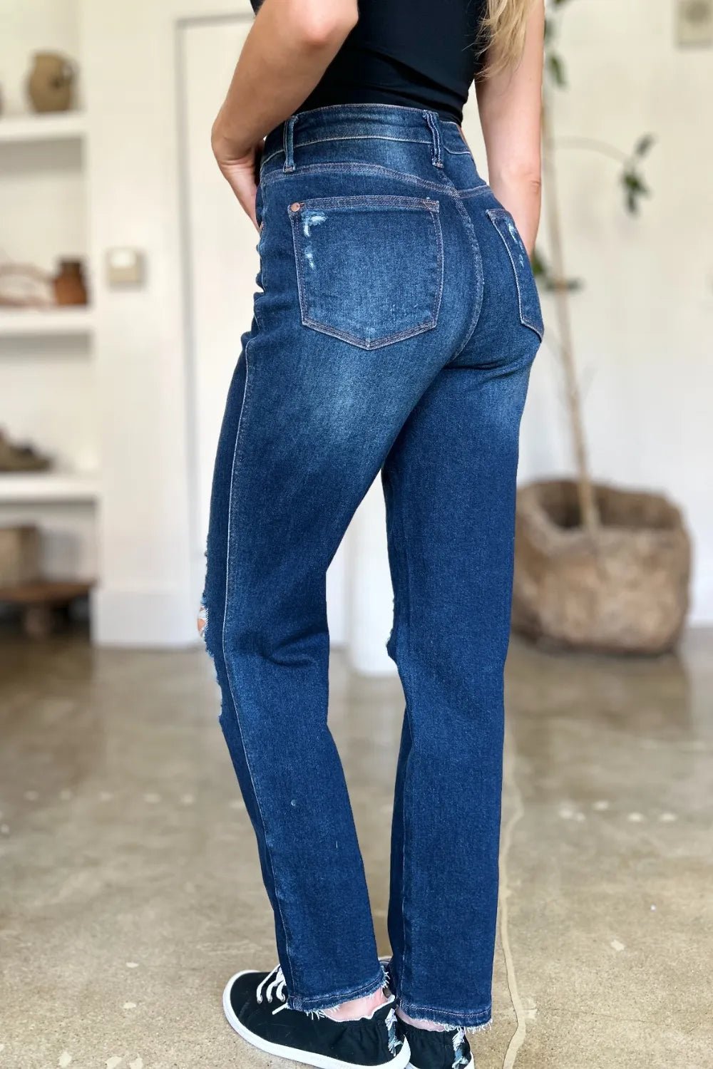 Dark Wash Destroyed High Waist Straight Jeans - KAM Family Botanics