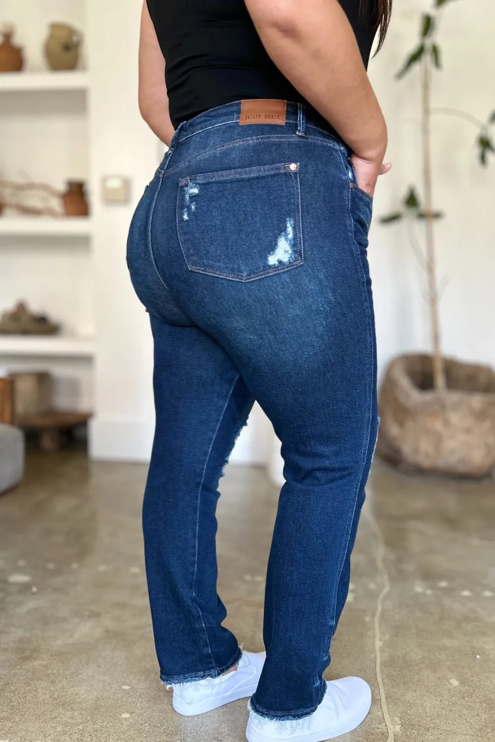 Dark Wash Destroyed High Waist Straight Jeans - KAM Family Botanics