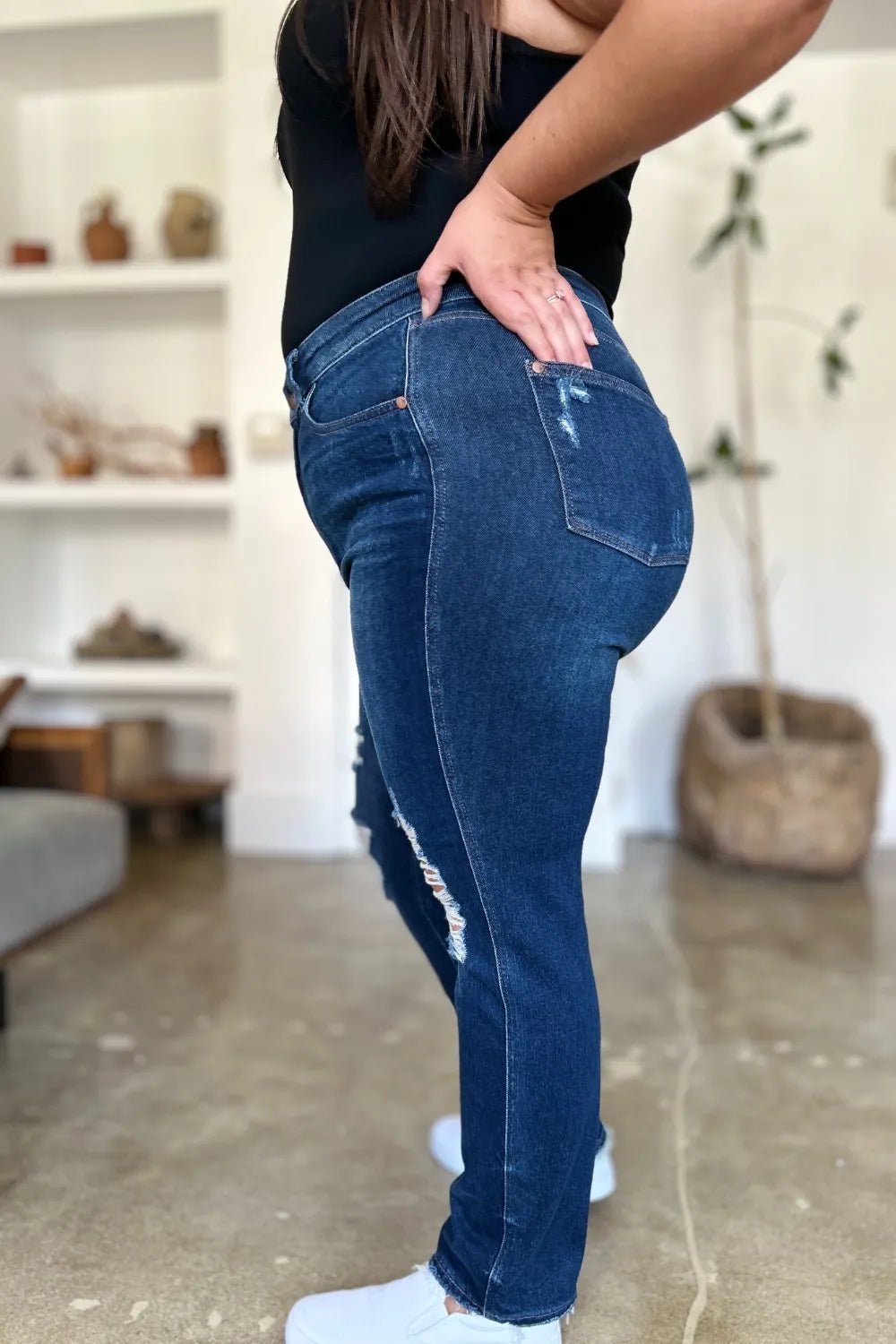 Dark Wash Destroyed High Waist Straight Jeans - KAM Family Botanics
