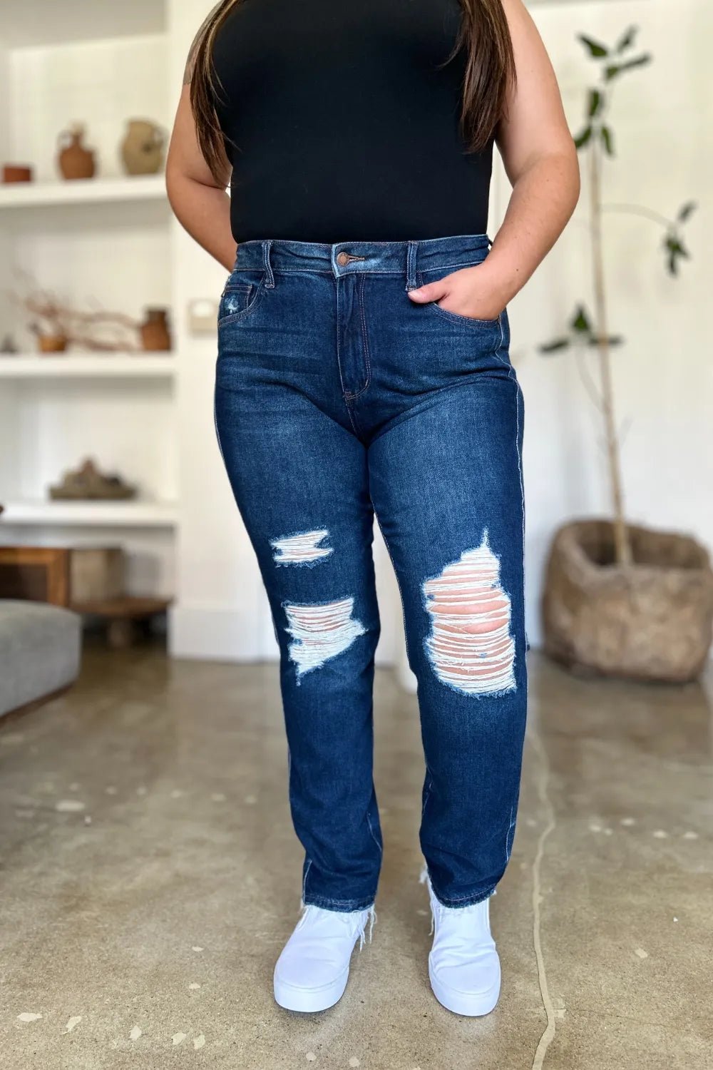 Dark Wash Destroyed High Waist Straight Jeans - KAM Family Botanics
