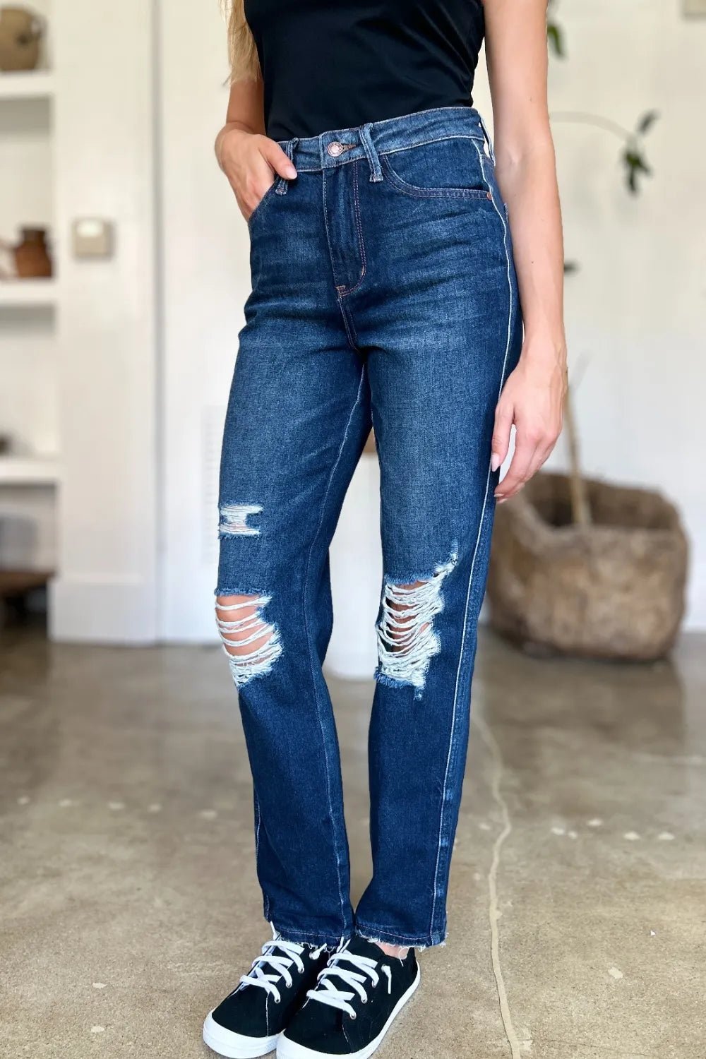 Dark Wash Destroyed High Waist Straight Jeans - KAM Family Botanics