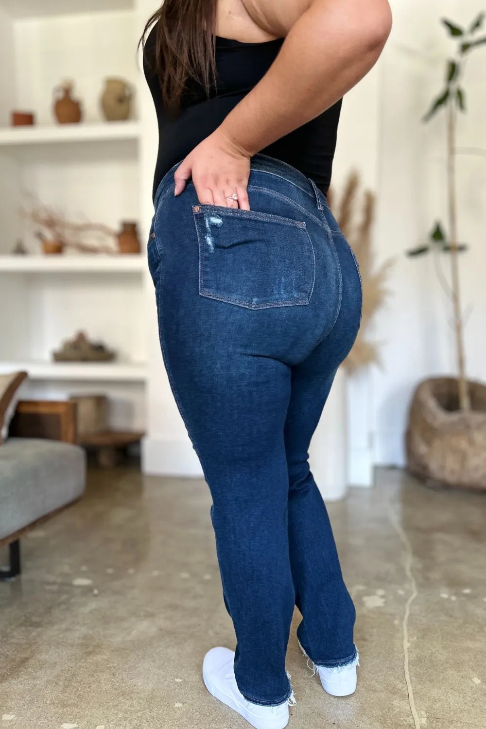 Dark Wash Destroyed High Waist Straight Jeans - KAM Family Botanics