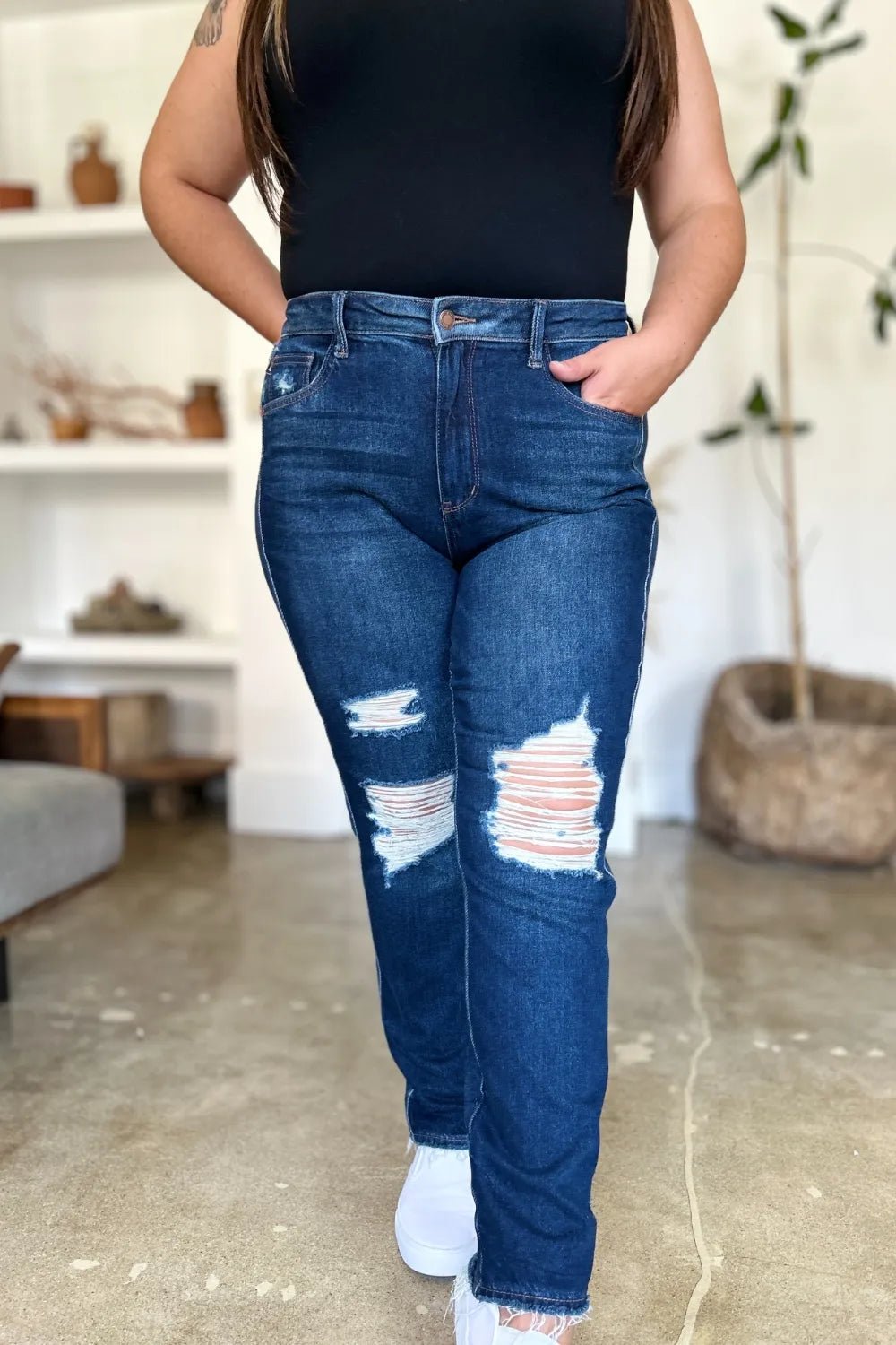 Dark Wash Destroyed High Waist Straight Jeans - KAM Family Botanics