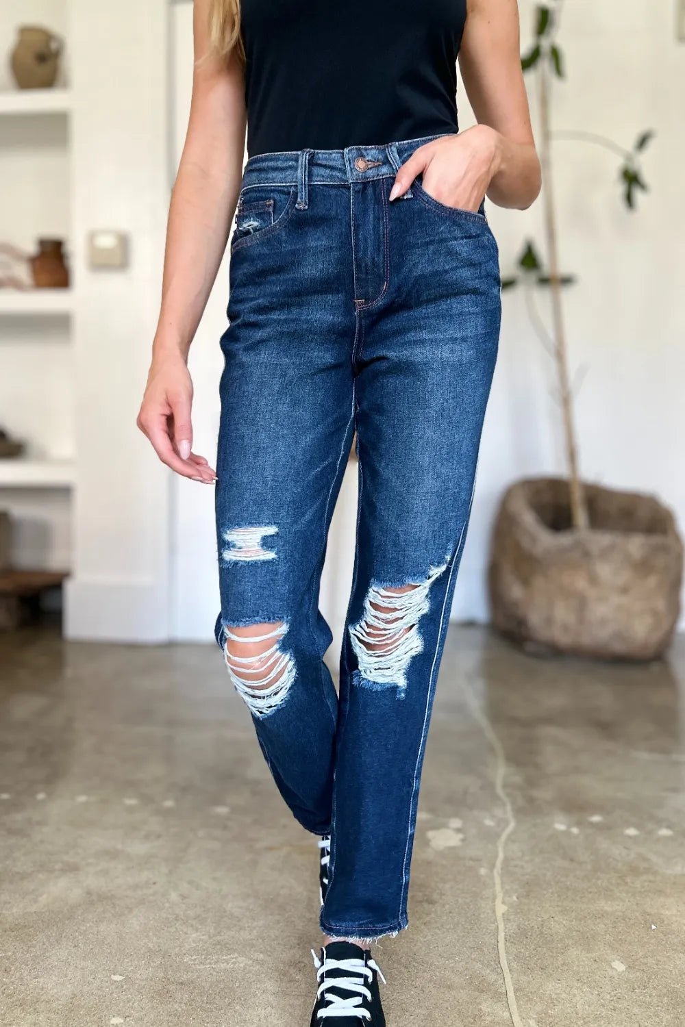 Dark Wash Destroyed High Waist Straight Jeans - KAM Family Botanics