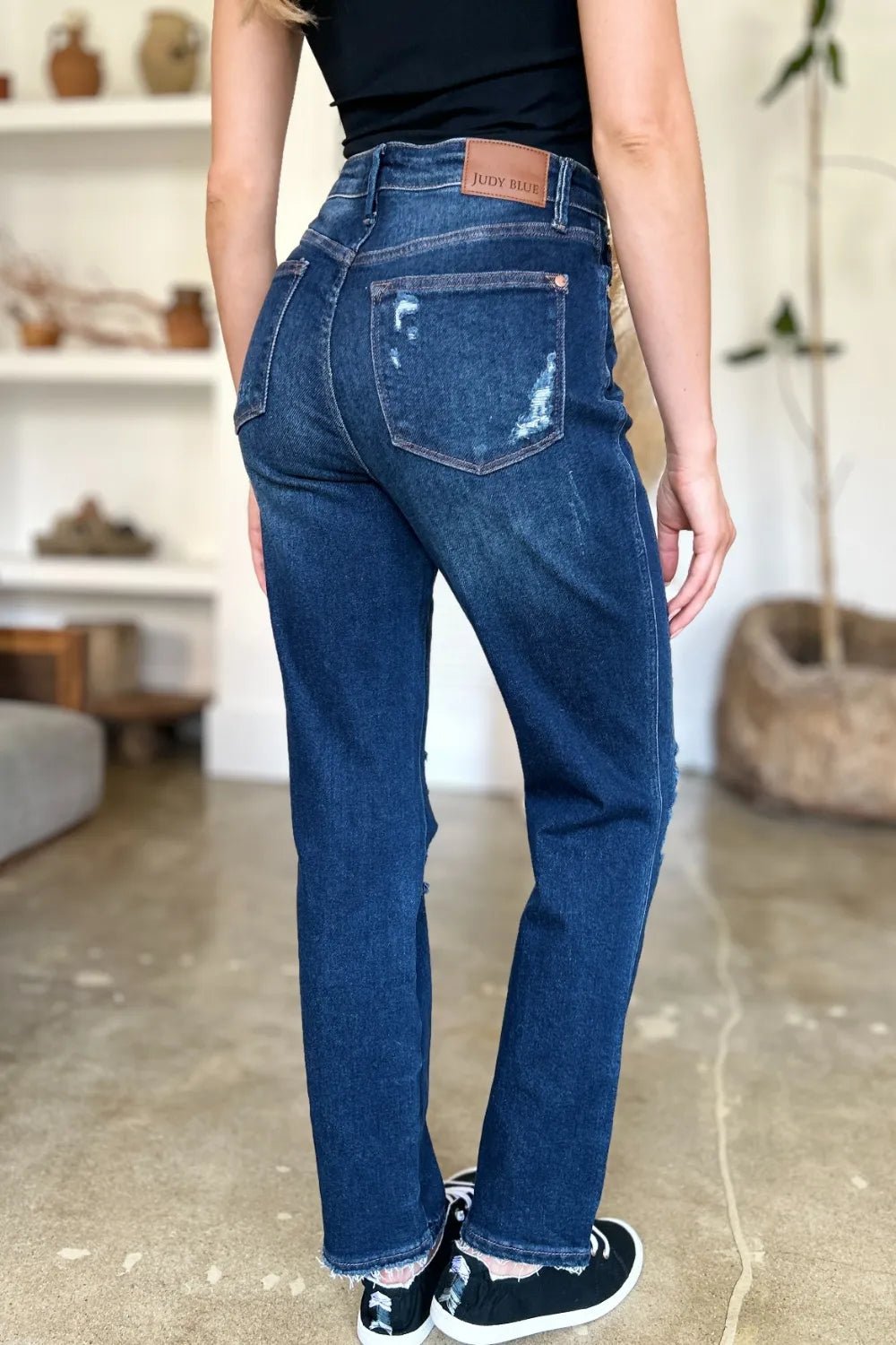Dark Wash Destroyed High Waist Straight Jeans - KAM Family Botanics