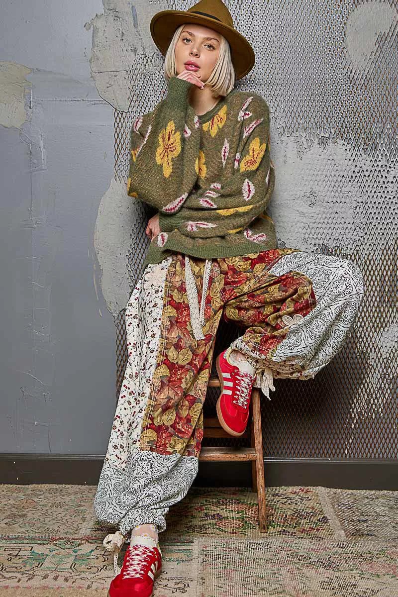 Earthy Floral Pattern Round Neck Balloon Sleeve Sweater - KAM Family Botanics